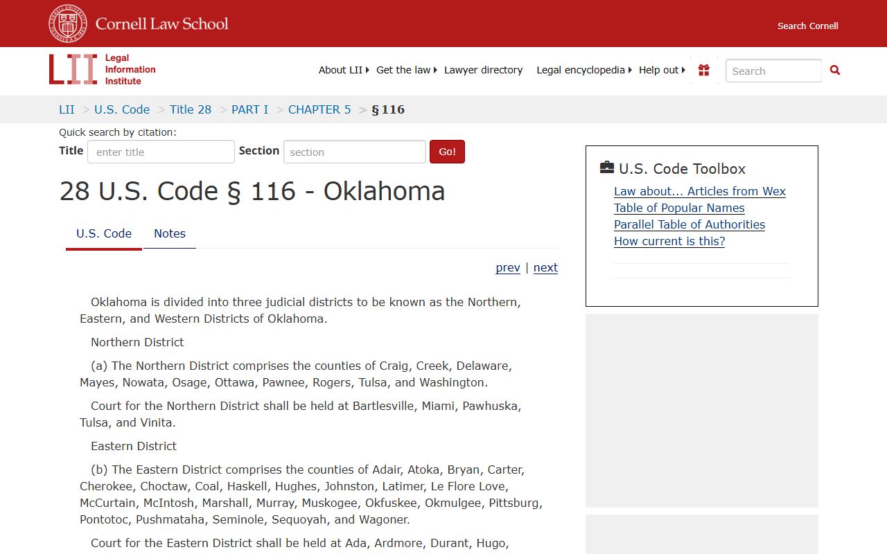 Alfalfa County Court Clerk and federal district statute, 28 U.S.C. 116 for Oklahoma courts