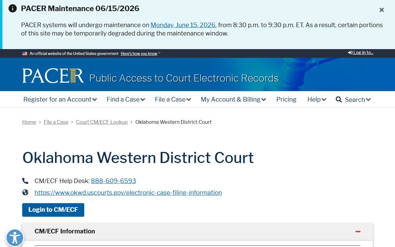 Alfalfa County Court Clerk federal records via PACER CM/ECF lookup for Oklahoma Western District