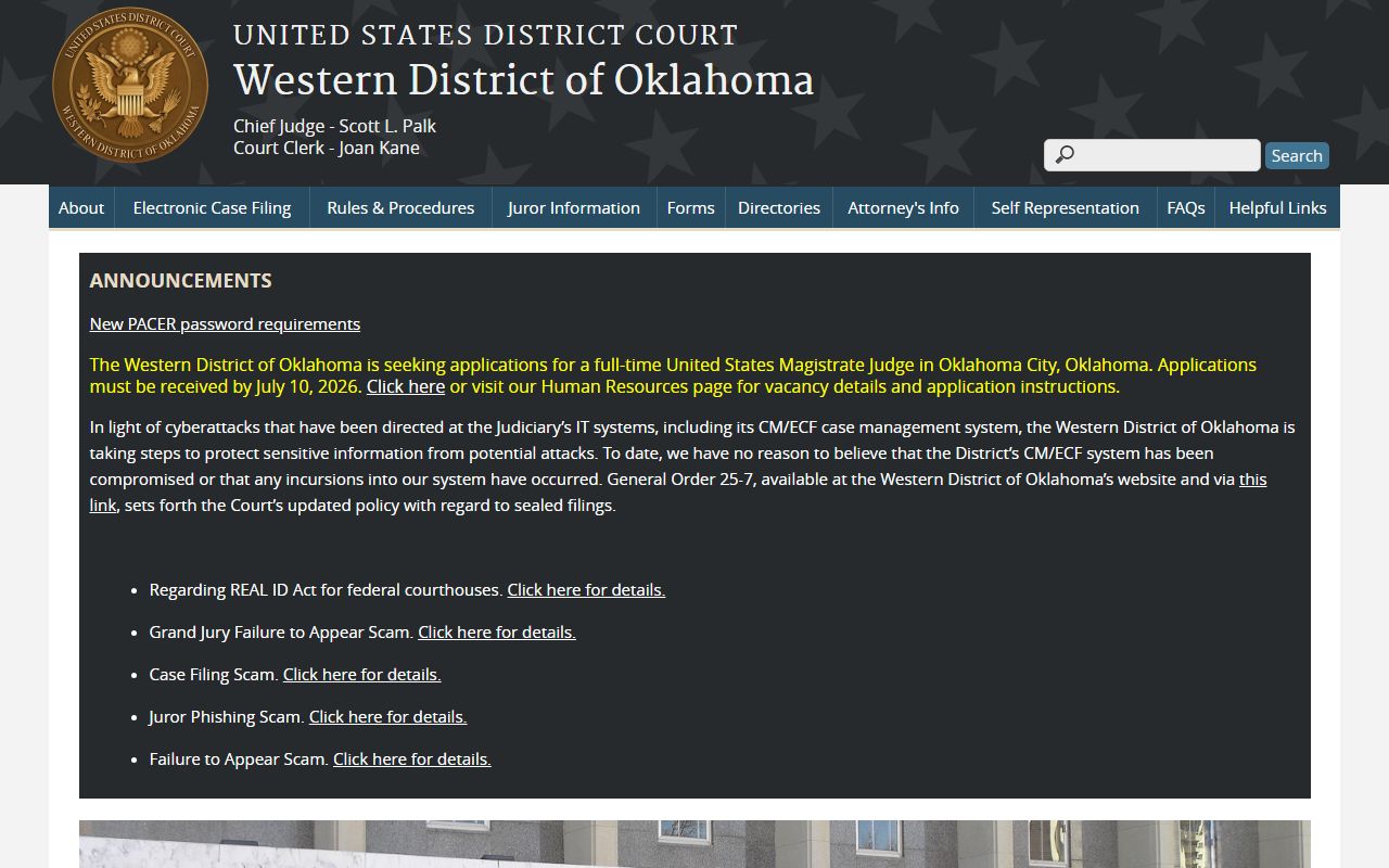 Alfalfa County Court Clerk federal court reference, U.S. District Court Western District of Oklahoma