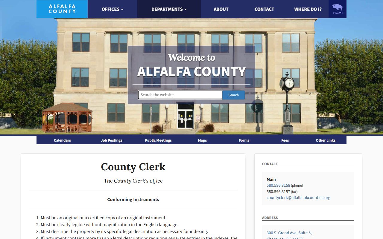 Alfalfa County Clerk conforming-instrument rules for land records, recording margins, and document format