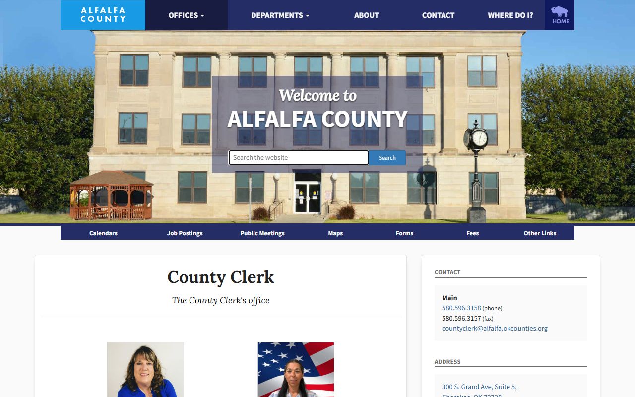 Alfalfa County Clerk office page showing land records, recording duties, and the judgment docket role