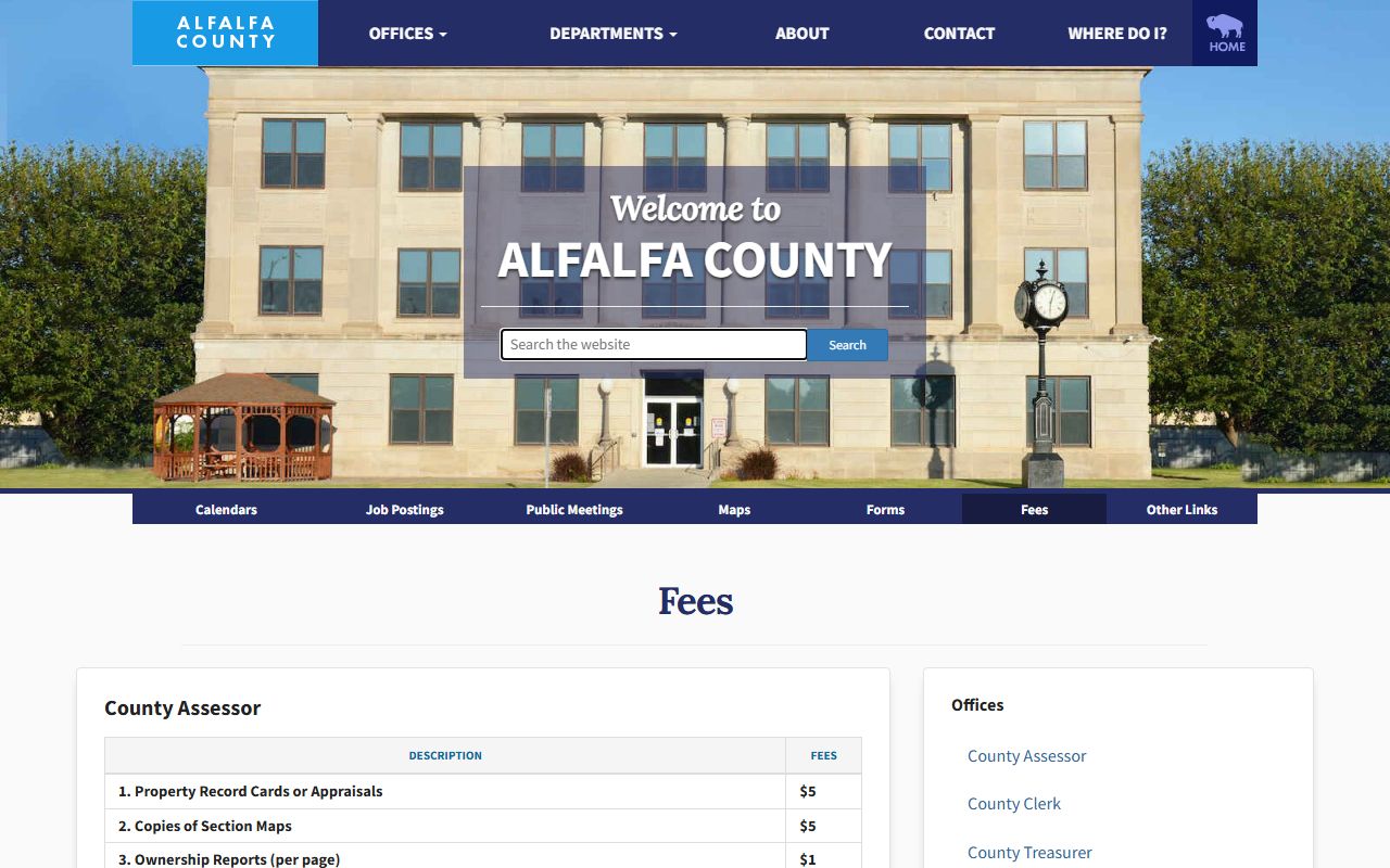 Alfalfa County Clerk fee schedule showing recording, copy, lien, and documentary stamp tax fees