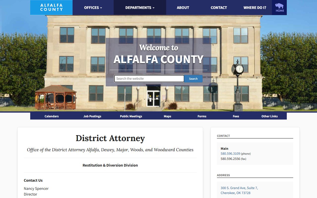 Alfalfa County arrest records and court charges handled through the District Attorney's restitution and diversion division