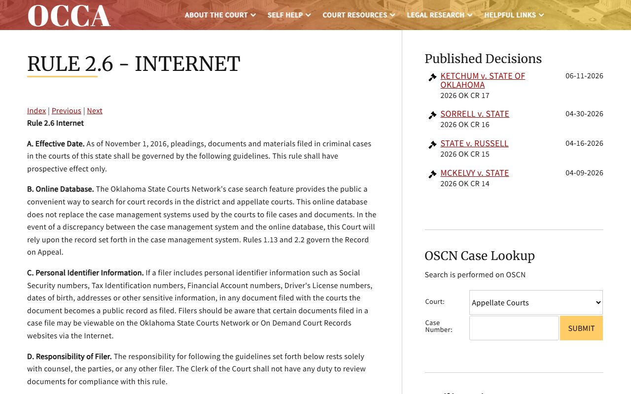 Oklahoma Court of Criminal Appeals Rule 2.6 governing Alfalfa County court dockets posted online