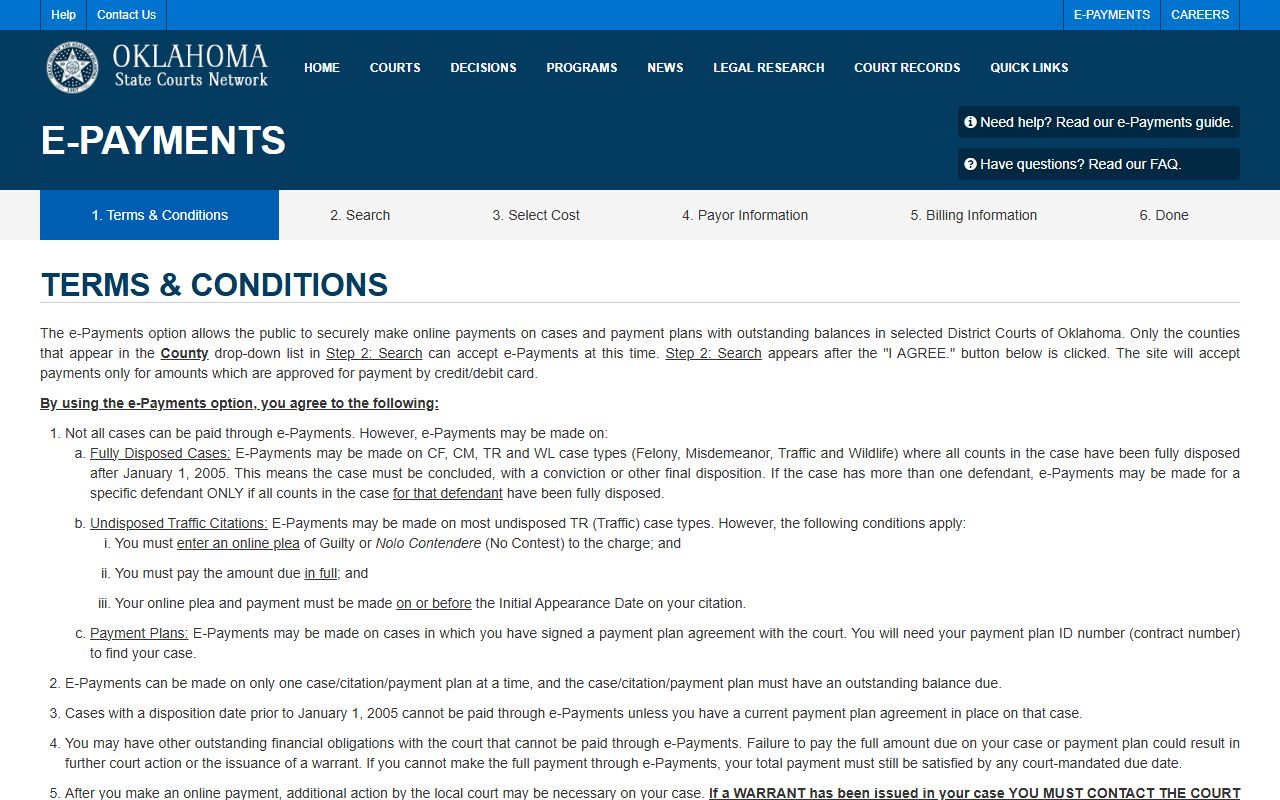 OSCN e-payments terms for Alfalfa County court dockets and case balances