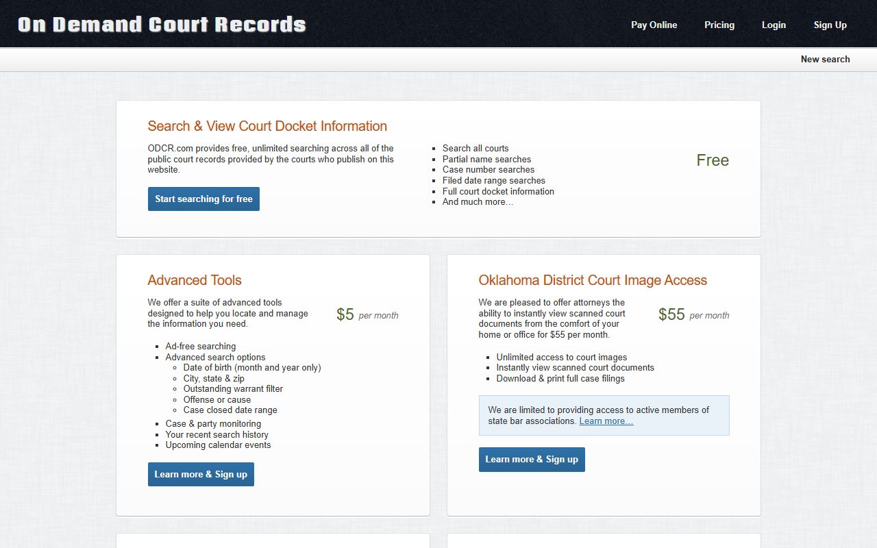 ODCR pricing page for Alfalfa County court records access