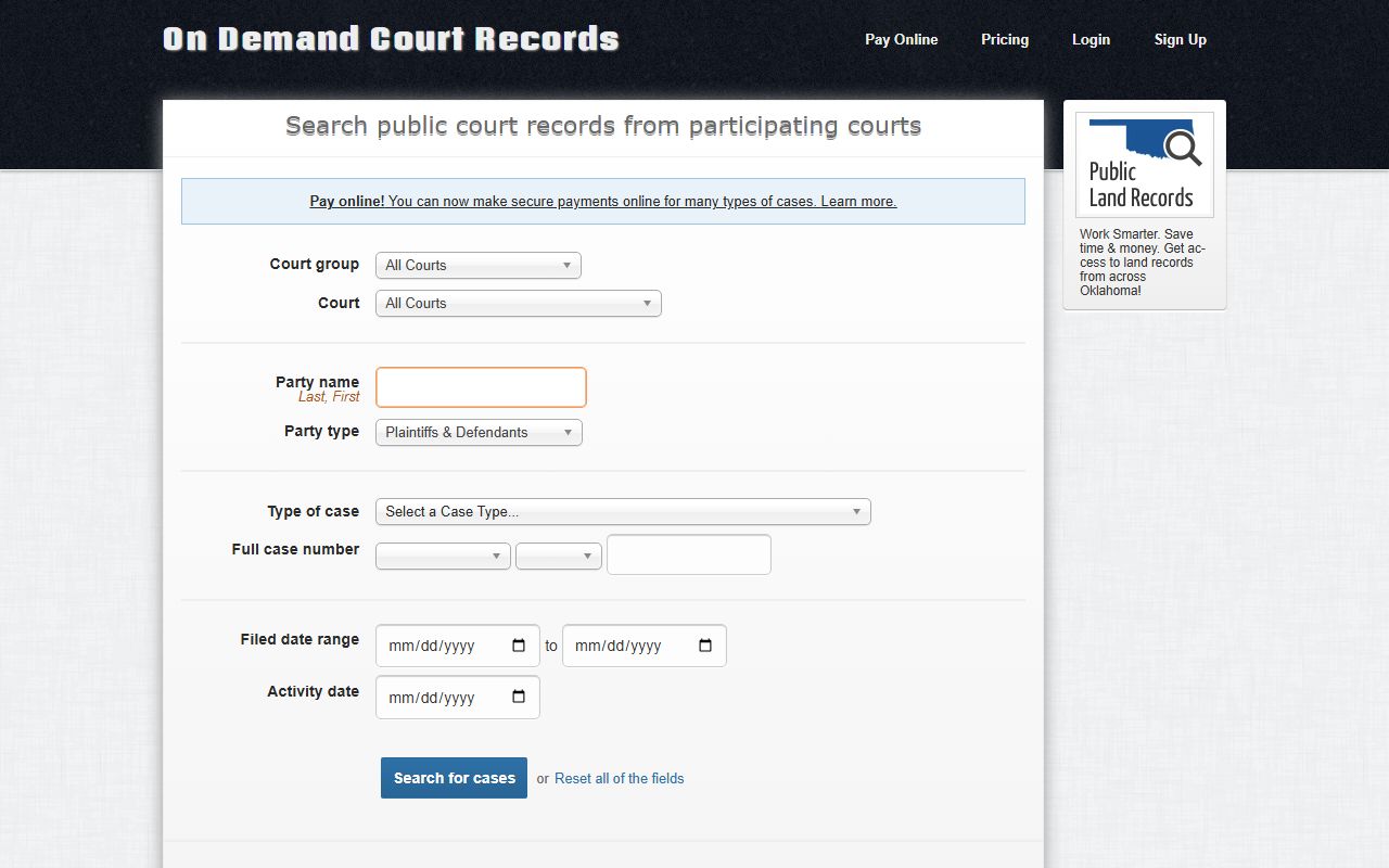 ODCR public portal for Alfalfa County court records