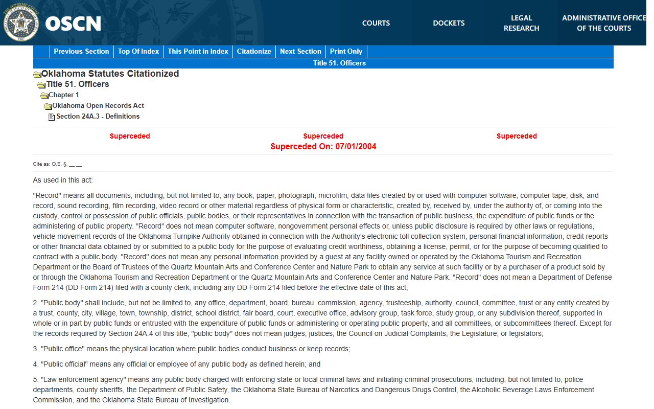 Oklahoma Open Records Act text behind Alfalfa County court records