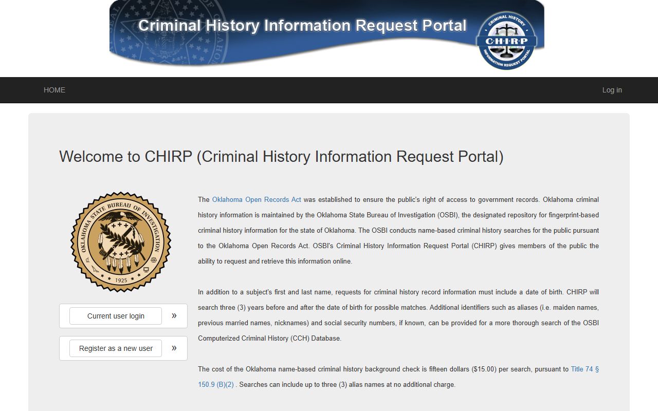 OSBI CHIRP portal for Alfalfa County criminal history records