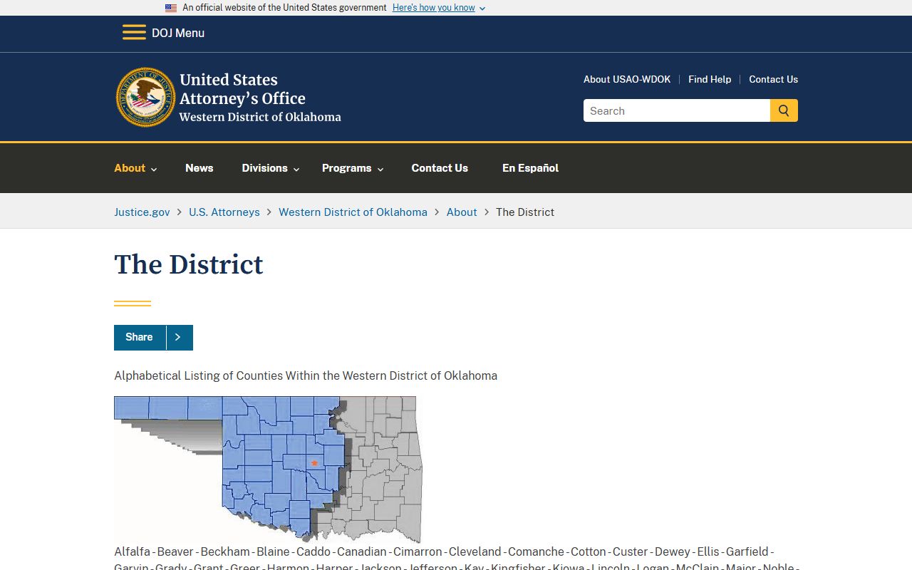 Alfalfa County coverage on the Department of Justice Western District of Oklahoma district court page