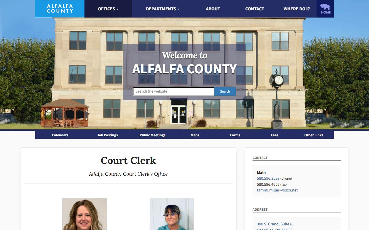 Alfalfa County Court Clerk page with court records divisions and search links