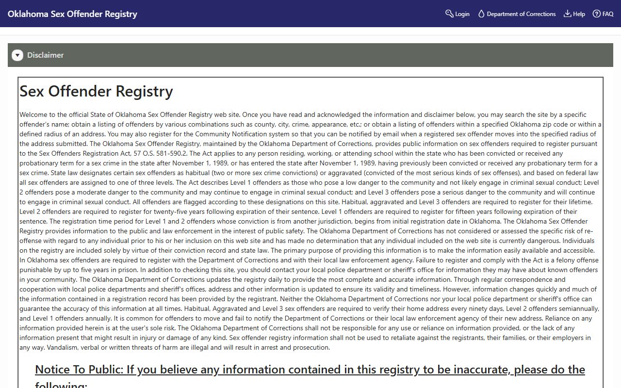 Oklahoma sex offender registry public search for Alfalfa County records