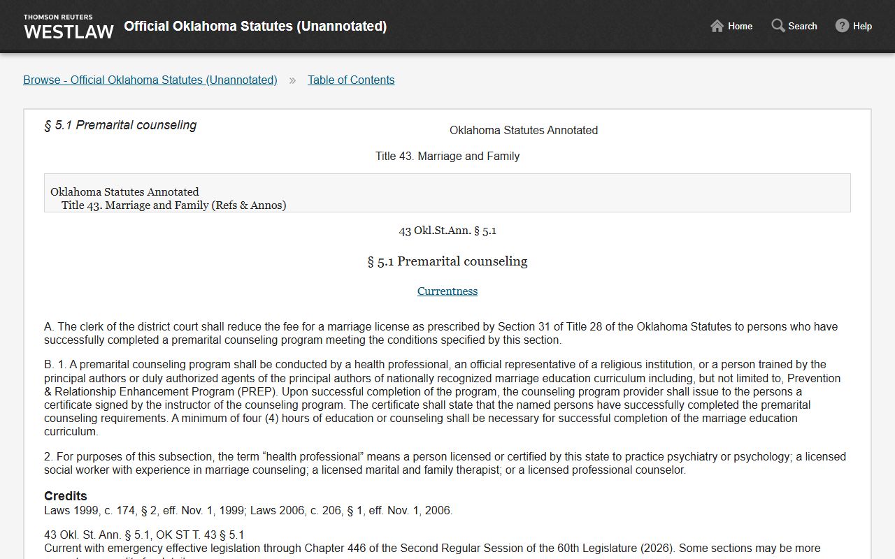 Oklahoma Title 43 statute behind Alfalfa County marriage and divorce records fees
