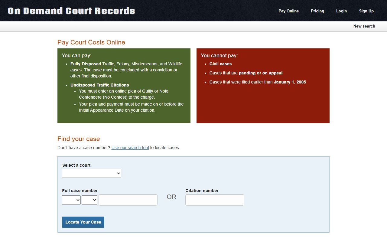 ODCR pay-online portal for eligible Alfalfa County warrant and traffic records